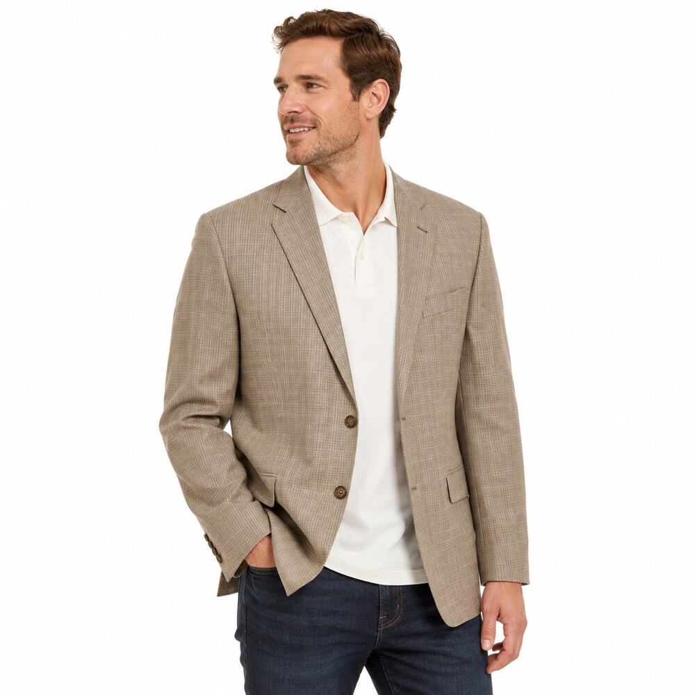 Joseph Abboud Collection Sport Coat Blazer 46R Wool Silk Linen Plaid Tan